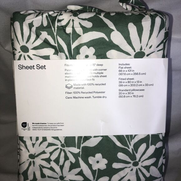 Room Essentials Twin/XL Twin Microfiber Green/white Floral Sheet Set NEW!! - Picture 7 of 8